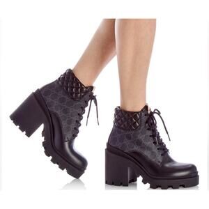 GUCCI GG Supreme Lace Up Heel Ankle Boot Black Quilted Leather Womens Size 42
